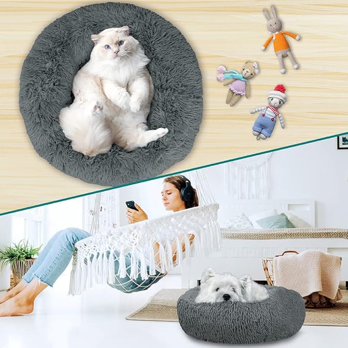 PetAmi Calming Dog Bed for Small Medium Dog Cat, Round Donut Washable, Fluffy Faux Fur Plush Cuddler Pet Kitten Cushion, Anti-Slip, Fits up to 25 lbs, 23 inch, Dark Gray