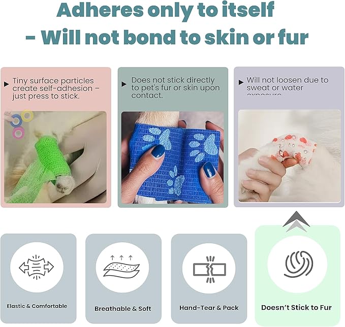 Pet Bandage 6 Rolls, Adhesive Bandage, Self Adhesive Bandage, First Aid Adhesive Gauze, for Horses, Dogs,Cats, Birds, Animals (Paw Prints, 2 Inch (Pack of 6))