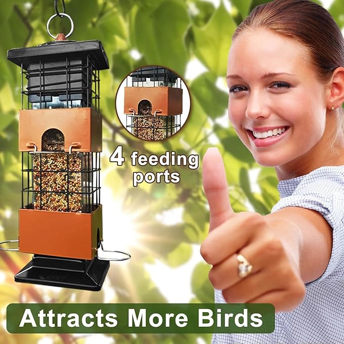 Squirrel Proof Bird Feeders, Metal Bird Feeder for Outdoors, 3 Lbs Birdfeeder Outside Hanging, Weight Activated Spring, 4 Feeding Ports, Finches, Cardinals, Wild Birds, Brown