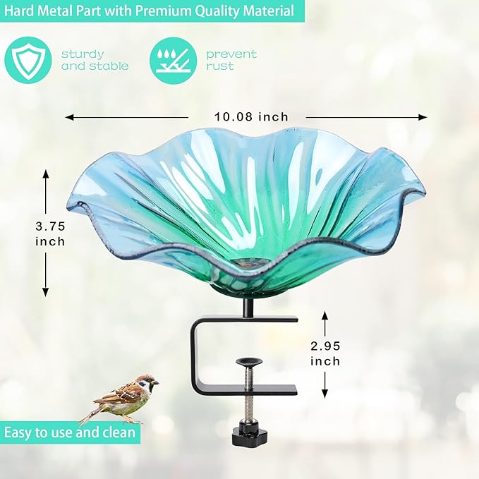 MUMTOP Deck Mounted Bird Baths for Outdoors, Glass Bird Baths Bowl with Adjustable Sturdy Steel Fence Clamp for Garden Patio Lawn Yard Deck Balcony Railing, Blue