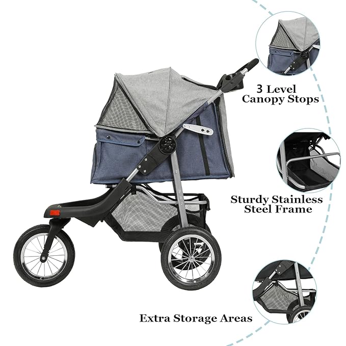 VIAGDO Premium Heavy Duty Dog Stroller for Small Medium Dogs & Cats, 3-Wheel Pet Strollers, Foldable Cat Stroller with Suspension System/Link Brake/One-Hand Fold, Max. Loading 55 LBS