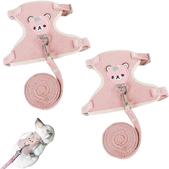 2-Pack Rabbit Harness and Leash Set – Adjustable Small Animal Vest Harness with Safety Buckle – Breathable & Lightweight – Ideal for Rabbits, Ferrets, Guinea Pigs, and Cats (Pink)
