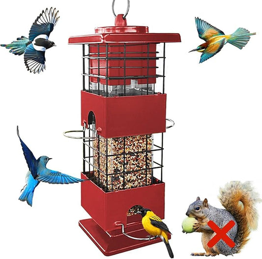Squirrel Proof Bird Feeder, Metal Bird Feeders for Outdoors, 3 Lbs Birdfeeder Outside Hanging, Weight Activated Spring, 4 Feeding Ports, Cardinals, Finches and Sparrows, Wild Birds (Red)