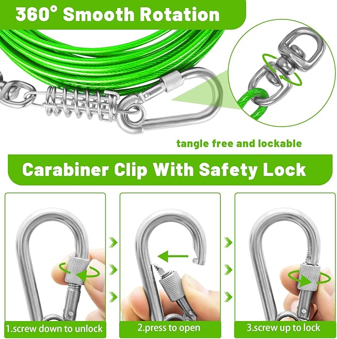 Dog Tie Out Cable - 10/15/20/25/30FT Heavy Duty for Large Dogs Up to 250LBS - Rosy Pink/Blue/Purple/Silver/Red/Green/Yellow