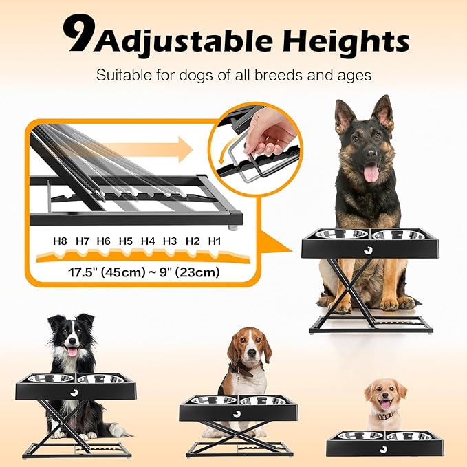 Joytale Elevated Dog Bowls for Large Breeds, Heavy Duty 9 Adjustable Height from 9" to 17.5" Metal Stand Anti-Slip, Non Spill Raised Food & Water Station with 2 Stainless Steel Food Bowls, Black