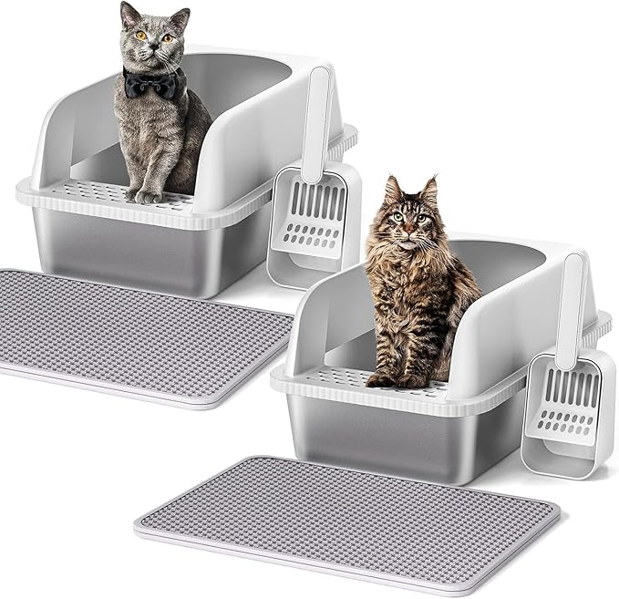 Henkelion 2 Pack Stainless Steel Cat Litter Box with Lid, 20" L x 14.2" W x 11.8" H, Extra Large Litter Box for Big Cats with High Sided, Anti-Urine Leakage, Easy Cleaning, Include Cat Mat and Scoop