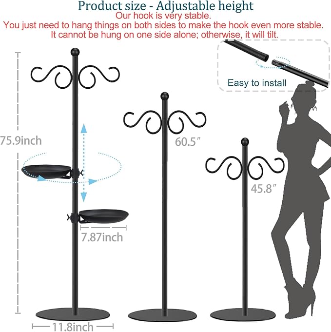 Thickened 75.9" Shepherd's Hook Stand, Bird Feeder，Floor Hanging Plant Stand，Wind Chime Hanger, Waterproof Metal & Adjustable-Height Standing Pole Holder , Indoor & Outdoor（2 Placement Racks