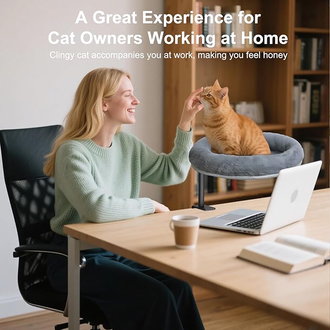 Cat Desk Bed with Summer Colling Mat, 360° Rotating & Height Adjustable Indoor Cat Nest, Large Desktop Cats Perch for Home Offcice Space Saving, Supports Up to 40 lbs, Machine Washable Removable Cover