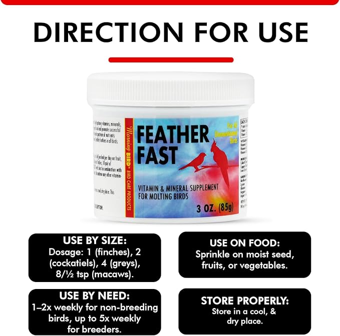Morning Bird Feather Fast 3 Oz – Multi-Vitamin During Molt - Molting Support Supplement for Birds – Amino Acid & Vitamin Powder Formula– Promotes Feather Growth, and Full Plumage – for All Adult Birds