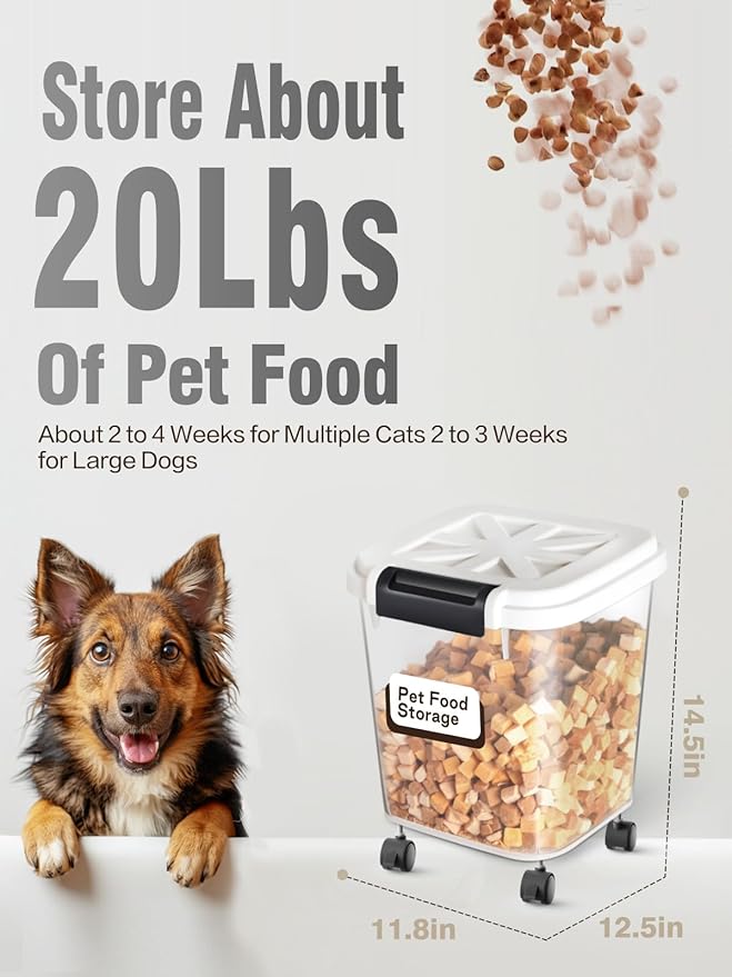 LivLab Mker Large Rice Storage Container 30 lbs, Airtight Pet/Cat Treat Storage Bin with Lids, Attachable Wheels, Great for Flour & Rice, Easy Mobility, BPA Free, White