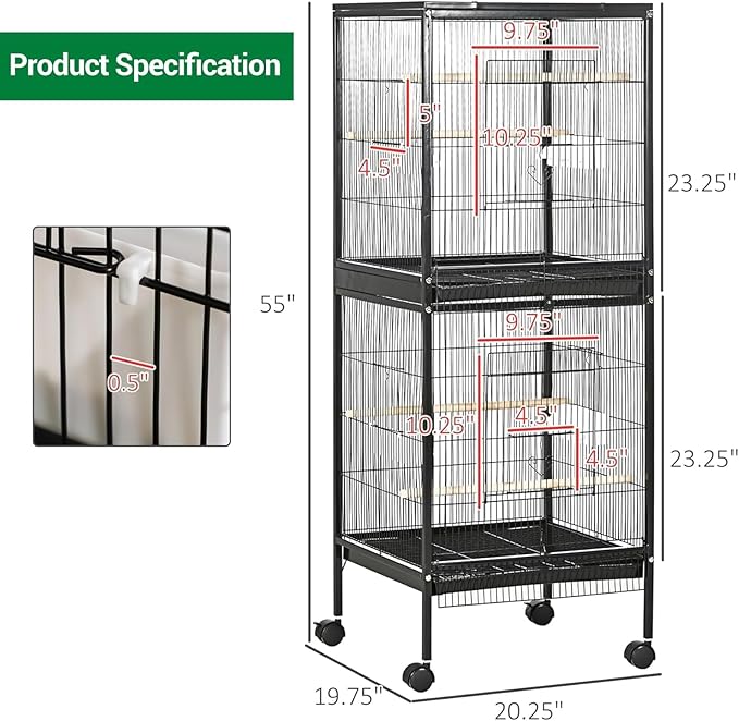 GarveeHome Small Bird Cage with Wheels, 55 Inch Parakeet Cage with Top Stand, 2 in 1 Bird Carrier for Parakeets, Canaries, Lovebirds, Small Quaker, Cockatiels, Budgie, Green Cheek (55in)