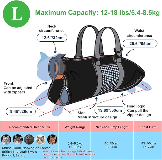 Cinf Cat Nail Clipping Cleaning Grooming Restraint Bag No Scratching Biting for Bathing Nail Trimming Injecting Examining(Black,L)