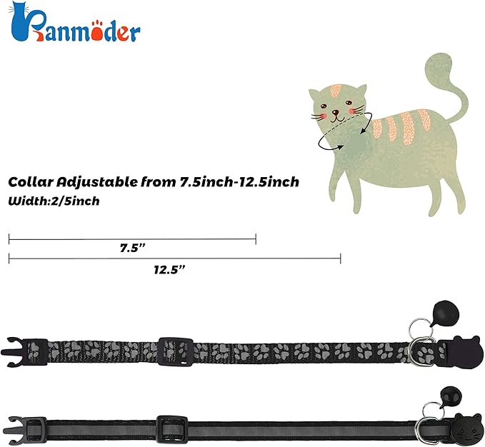 BANMODER 2 Pack Reflective Cat Collar Breakaway with Bell,Personalized Kitten Collars,Adjustable Safety Buckle Collar for Male Cats Girls & Boys (Black)