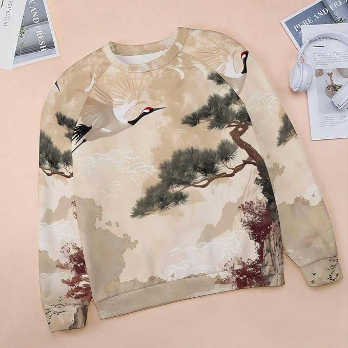 Womens Long Sleeve Tops Y2k Japanese Art Print Sweatshirts Fall Pullover for Women Crewneck Vintage Shirts Boho Tops