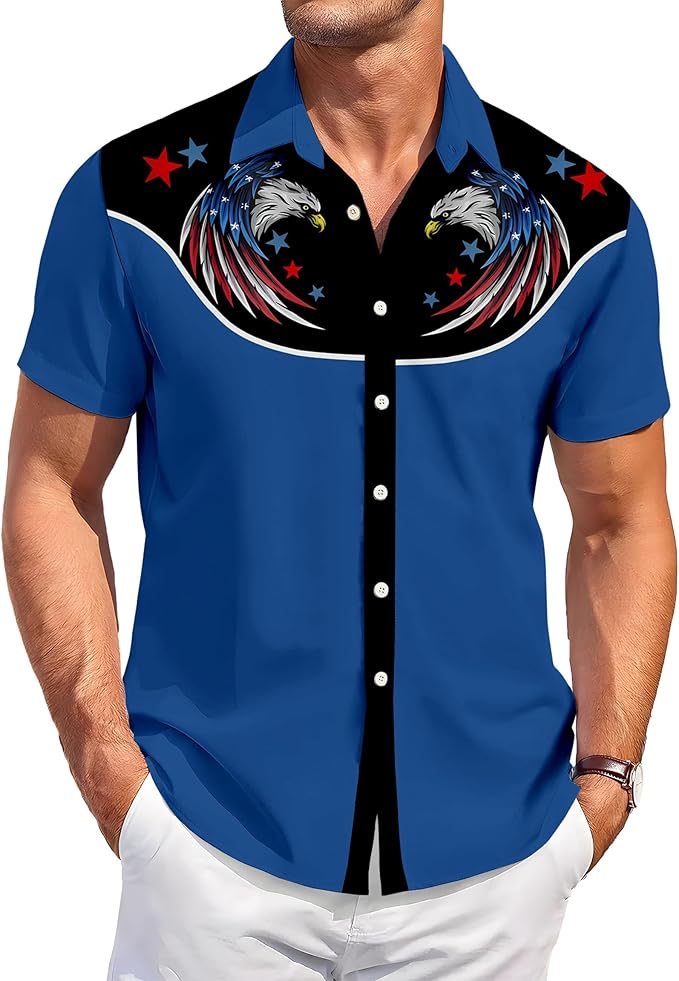 Men’s Hawaiian Shirt Western Cowboy Symmetrical Print Short Sleeve Button Down Casual Beach Holiday Summer Shirt