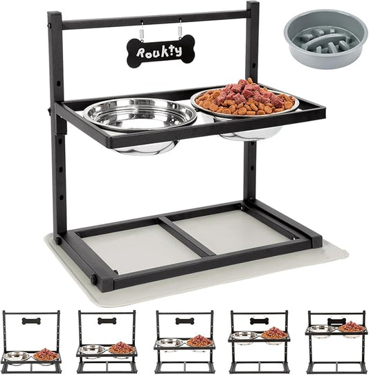 Elevated Dog Bowls with Slow Feeder, 5 Adjustable Heights, Anti-Slip, Durable Metal Frame, Spill Proof Mat, Rust-Resistant Bowls, Easy to Clean