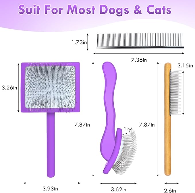 Long Pin Dog Slicker Brush for Long Haired Dogs, Removes Loose Hair, Tangles and Knots, Professional Pet Grooming Kit, Purple
