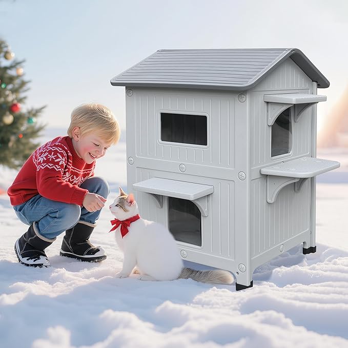 Plastic Outdoor Cat House - Cat House for Outside with Insulated Liner for Winter，100% Weatherproof Cat Houses for with Escape Door, Feral Cat Shelter for Porch Barns Strays