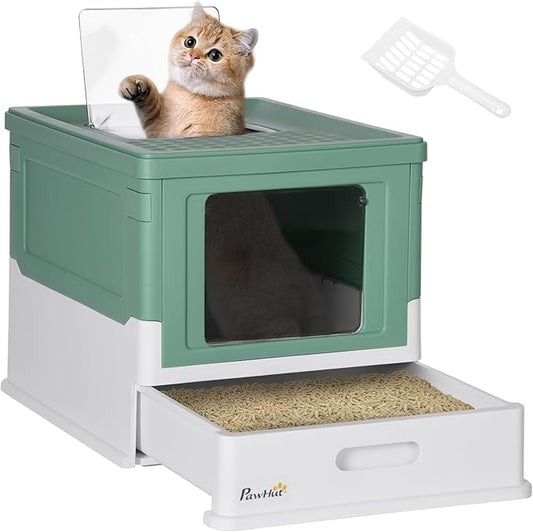 PawHut Fully Enclosed Litter Box with Scoop, Hooded Litter House with Drawer Tray, Foldable Smell Proof Cat Potty with Front Entry, Top Exit, Portable Pet Toilet with Large Space, Green