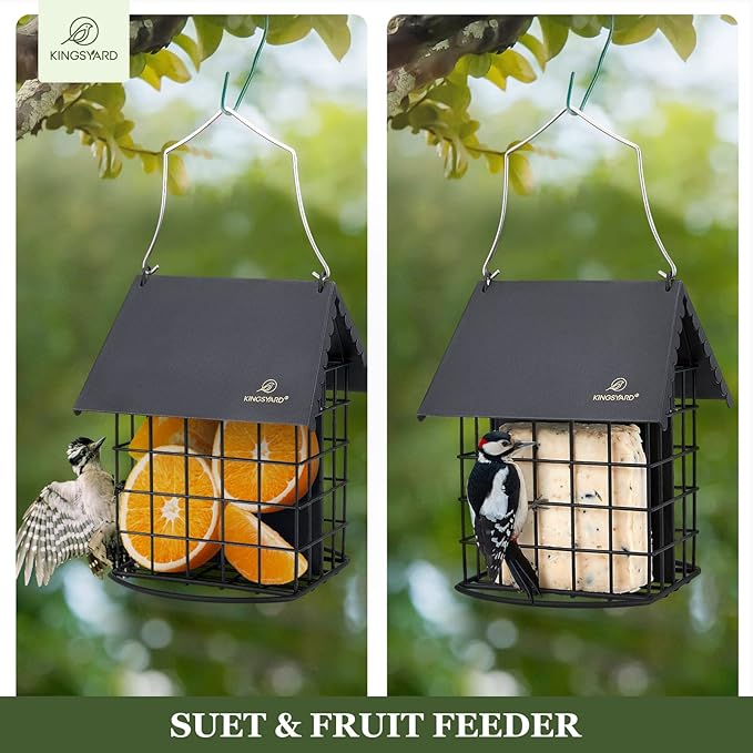Kingsyard Double Suet Bird Feeder with Weatherproof Roof & Perch, All Metal, Suet Cakes Cage Bird Feeder for Outdoors Hanging, Easy to Clean & Refill, Black