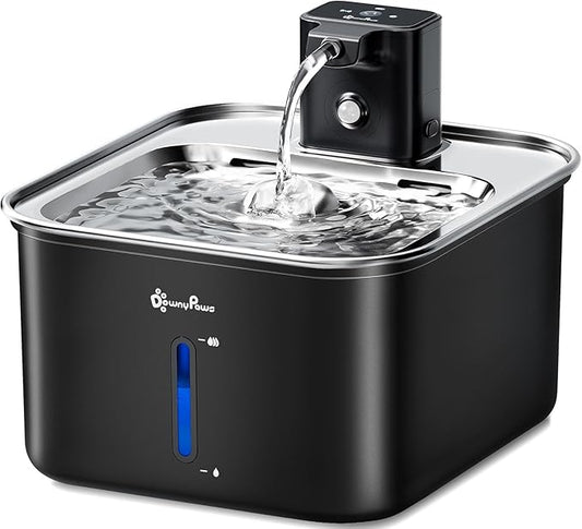 DownyPaws Cat Water Fountain Stainless Steel Cordless, 101 oz/3L FurSink Wireless Cat Water Dispenser for Pets, Battery Operated Pet Drinking Fountain with Motion Sensor, Easy Clean, Black