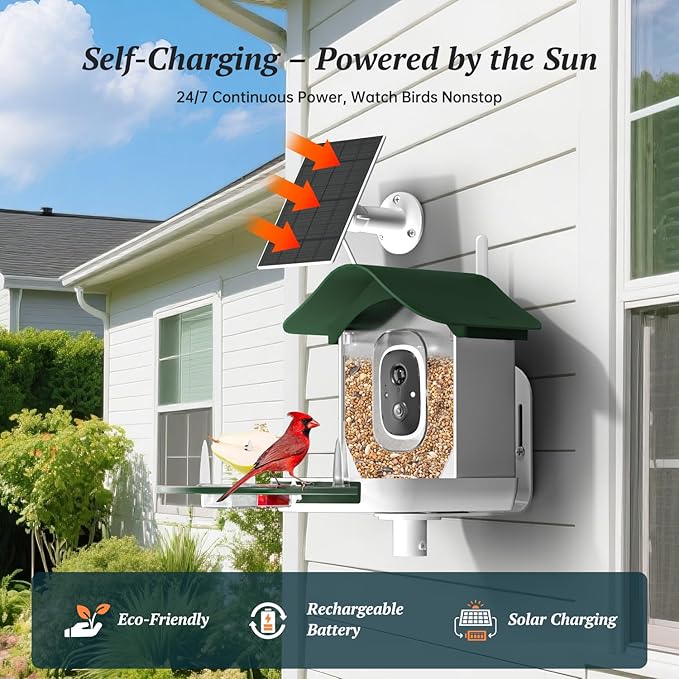 Smart Bird Feeder with Camera, 2K HD AI Identify Birds Species, Bi rd Watching Camera with Solar Panel, Instant Notifications, Ideal Present for Bird Lover, Dark Green