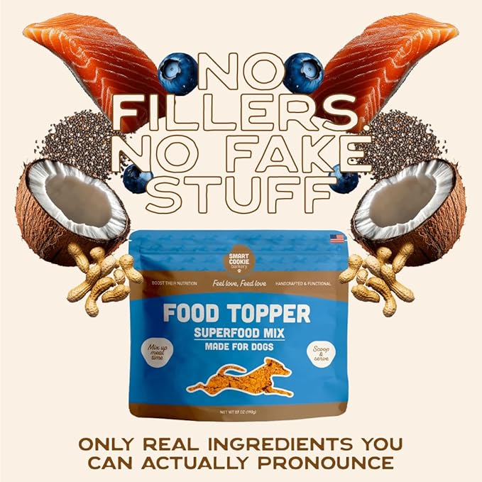 Smart Cookie Natural Dog Food Topper - Superfood - Salmon Dog Meal Mixer for All Ages - Food Topper for Picky Eaters and Boosting Nutrition - Non GMO, Made in The USA - 7 oz Bag (15 Day Supply)