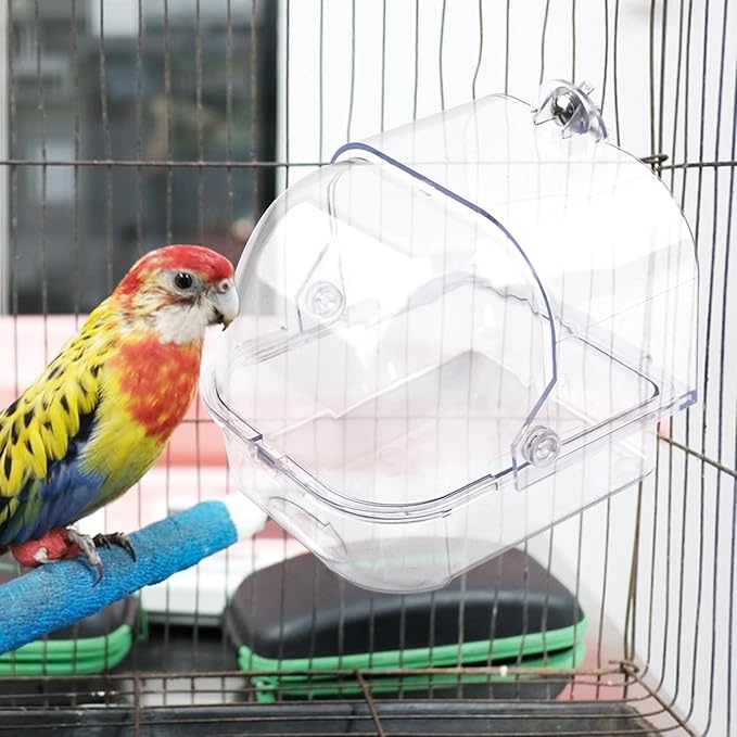 Bird Bath for Cage Transparent Bird Bathtub Hanging Portable Shower Pool No-Leakage with Stainless Steel Hooks for Small Birds Parakeet Canary Budgerigar Parrot Crested
