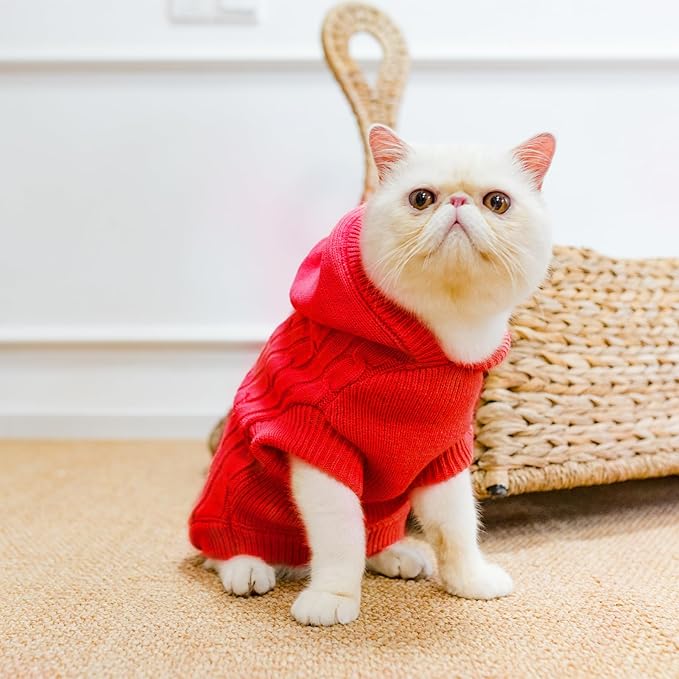 PUPTECK Winter Dog Cat Sweater Coat - Soft Cold Weather Clothes Knitwear for Kitties & Small Dogs Indoor Outdoor Walking Warm, Knitted Classic for Doggies Kitties Girls Boys, Red M