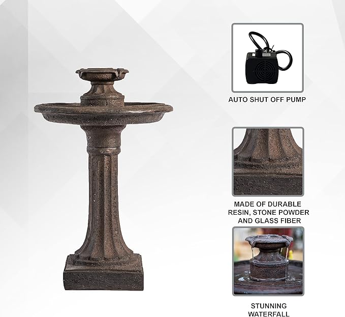 XBrand 28" Tiered Freestanding Classic Bird Bath Outdoor Water Fountain w/Auto Shut-Off Pump, Brown