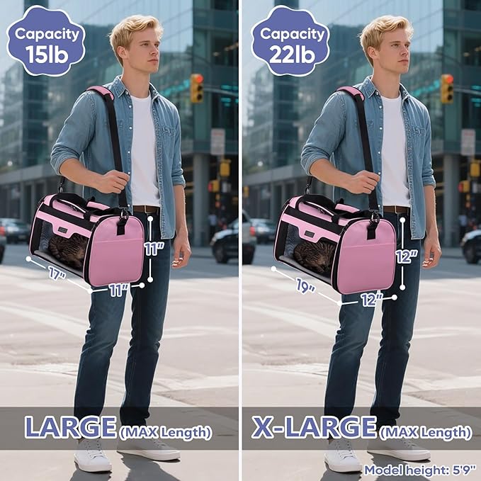 BALEINE Cat Carrier, Puppy Dog Carrier for Small Medium Pets Up to 15 Lbs, Soft-Sided Dog Travel Bag with Safety Zippers, Collapsible Pet Carrying Case (Pink, L, 17"x11"x11")