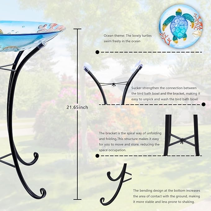 MUMTOP Bird Baths for Outdoors, Sea Turtle Glass Large Bird Bath Bowl with Metal Stand, Bird Feeders for Outside and Garden, Patio,Lawn Decor (Blue)