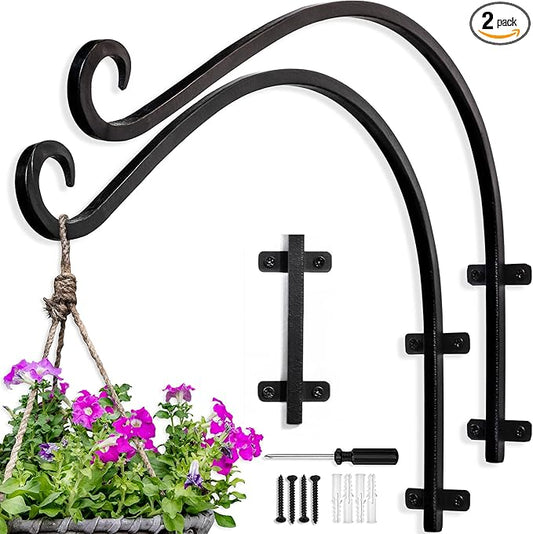AJART Plant Hanger Bracket Outdoor: 16-Inch Metal Bird Feeder Wall Hooks - 2 Pieces Heavy Duty Plant Hanger Hook for Hanging Flower Baskets