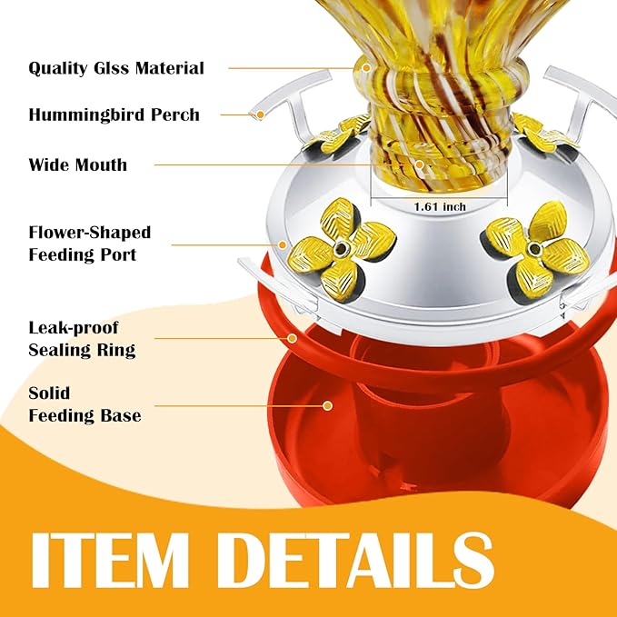 ruiyi itm Glass Hummingbird Feeder with Ant Moat 25.4 OZ Large Capacity Hand Blown Glass Yellow Hanging Bird Feeder for Backyard Garden Outdoors Decorations with S Hook Brus Gift for Bird Lovers