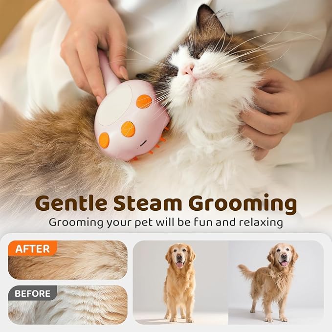 Steam Cat Brush, 6-in-1 Dog Brush Spritz Defur Comb with Pet Waterless Shampoo, Steamy Skin Friendly Deshedding Grooming Tool, Suitable for Shedding & Haired Pets, Pet Supplies Accessories, Pink