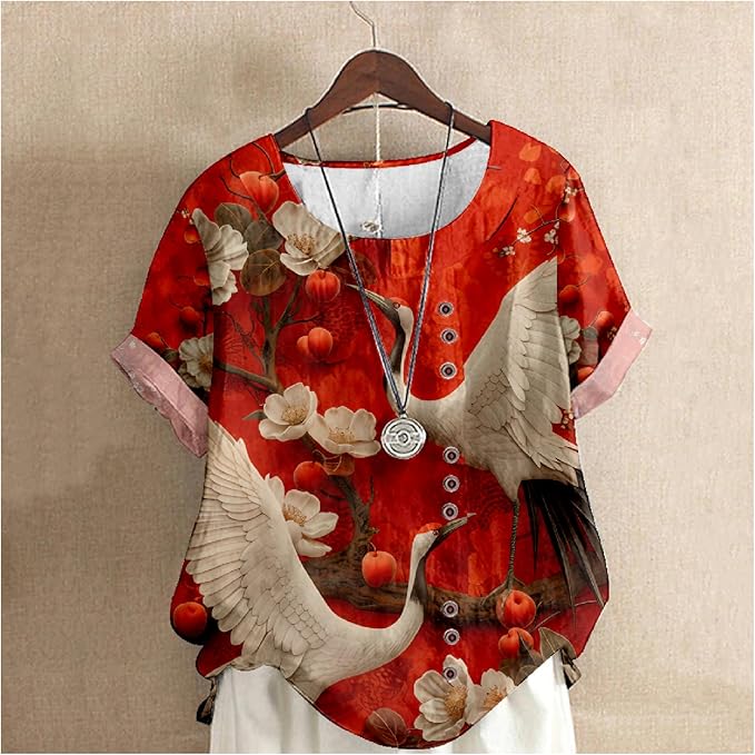 Japanese Print Women Summer Shirts Flower Bird Graphic Plus Size Tunic Tops Crewneck Short Sleeve Blouses