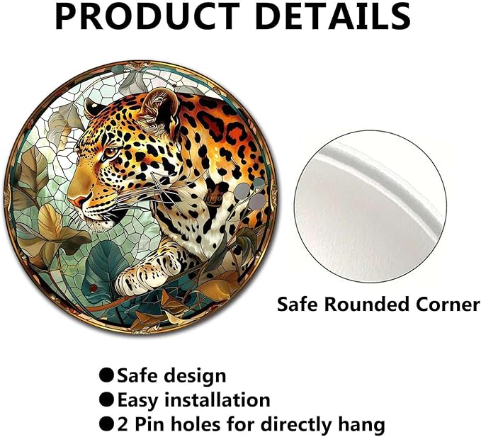 Lygond Metal Sign Tin Sign Circular Stained Glass Leopard Vintage Metal Sign for Gift 12×12 Inches