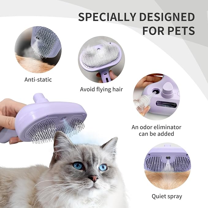 3-in-1 Self-Cleaning Brush for Shedding Dogs and Cats - Removes Static, Tangles, and Loose Hair (Purple)