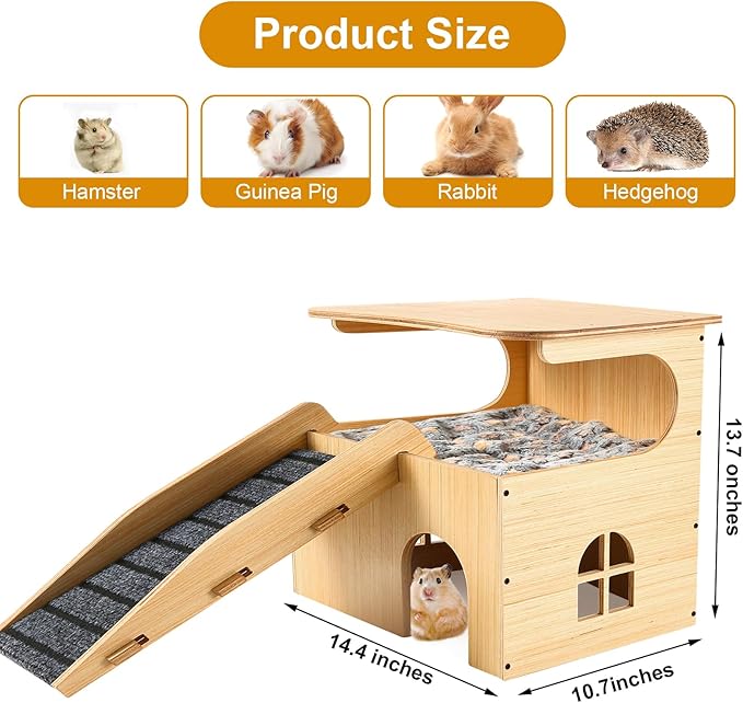 Wooden Guinea Pig Castle Hideout,Enlarged Guinea Pig Castle,Wooden Hamster House with Stairs & Mat,Long-Lasting Small Pet Bed for Piggies Chinchilla Rat Hamster Bunny