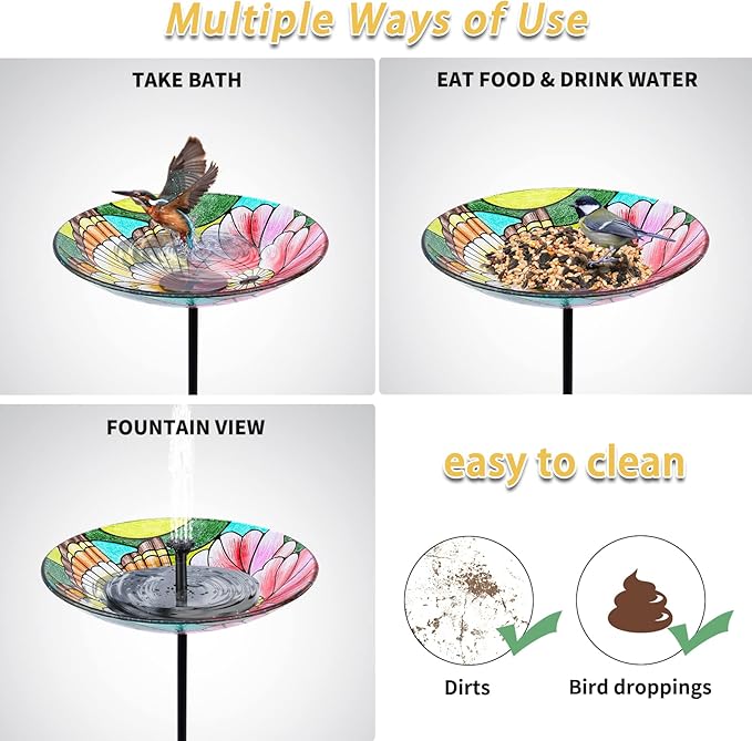 MUMTOP Glass Bird Baths for Outdoors-Outdoor Bird Bath Bowl - Butterfly and Flower Birdbaths Yard Stake, Bird Feeders for Outside, Garden, Patio, Lawn Decor