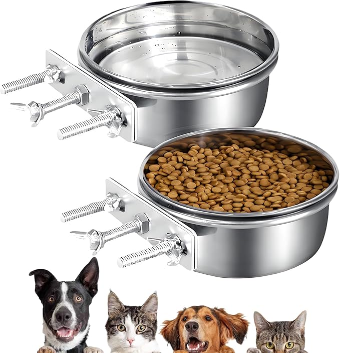 2 Packs Kennel Water Bowl Hanging Dog Crate Water Bowl No Spill Mountable Stainless Steel Dog Bowl Feeding Dish Wall Mounted Cat Food Bowls for Cats Guinea Pigs Rabbits
