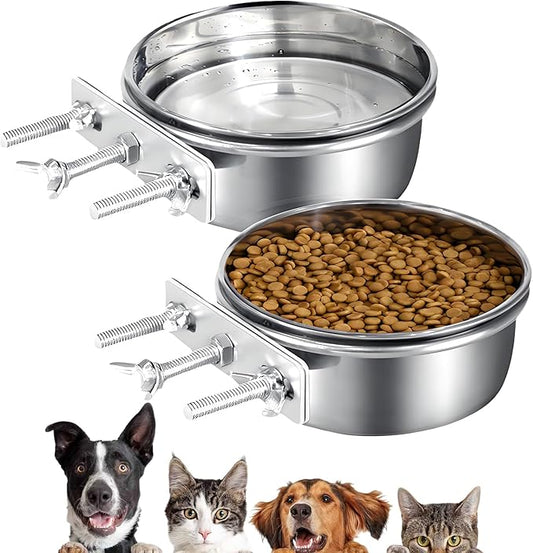 2 Packs Kennel Water Bowl Hanging Dog Crate Water Bowl No Spill Mountable Stainless Steel Dog Bowl Feeding Dish Wall Mounted Cat Food Bowls for Cats Guinea Pigs Rabbits