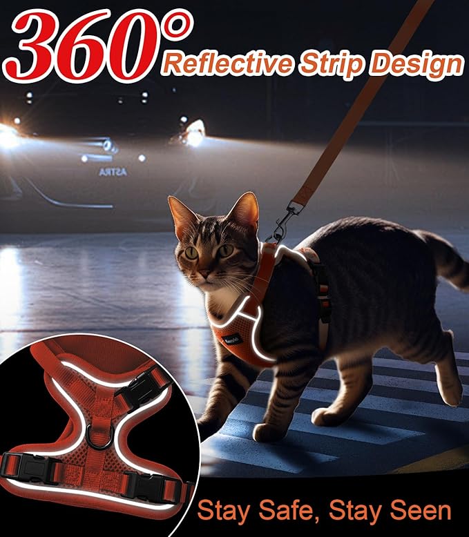 Cat Harness and Leash for Walking Escape Proof Soft Adjustable Cat Leash Breathable Comfortable Vest Easy to Wear Kitten Harness for Outdoor Travel Orange M