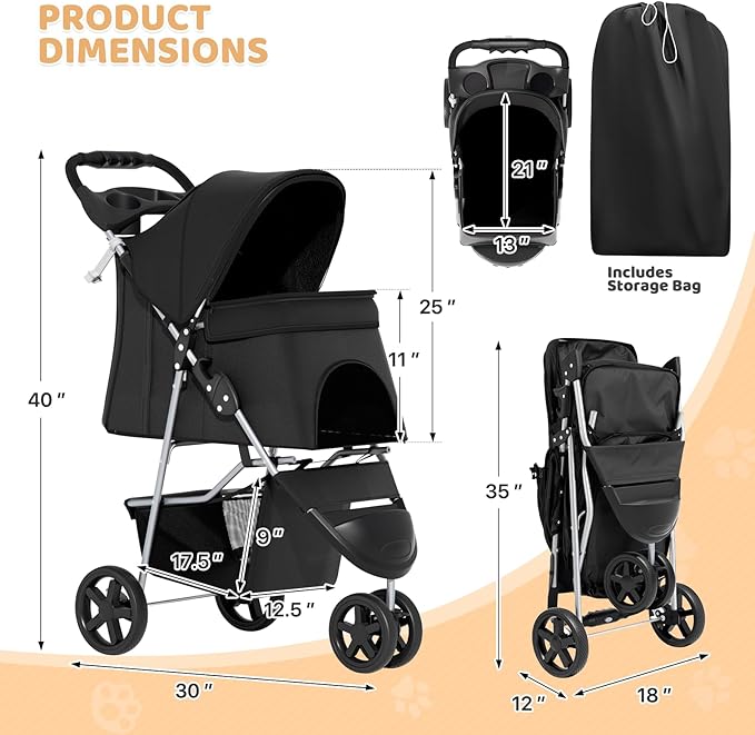 Magshion 3-Wheel Pet Stroller, Foldable Travel Jogger for Small & Medium Dogs & Cats (Up to 33lbs), Lightweight Carrier with Breathable Mesh Cover, Cup Holder & Storage Basket, Black