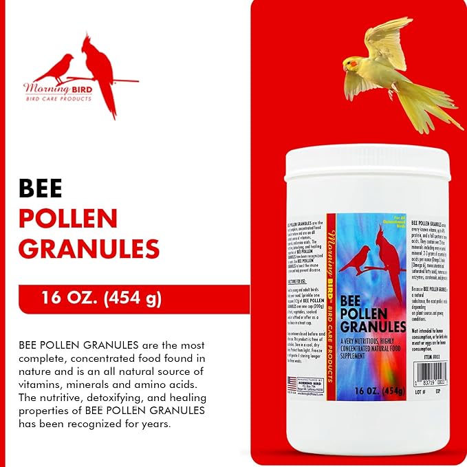 Morning Bird Bee Pollen Granules 16 Oz – Naturally Immune Support & Protein Powder for Birds – Boosts Strength, Feather Health & Energy Supplements – Easy to Mix with Food for All Bird Types