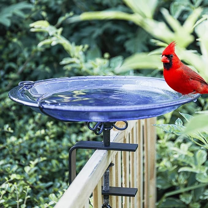 MUMTOP Deck Mounted Bird Bath, Glass Bird Baths Bowl Spa with Adjustable Sturdy Steel Clamp for Outdoor Garden Patio Lawn Yard Deck Railing Decoration, Blue