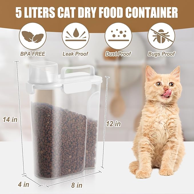 Airtight Cat Dog Food Storage Container 5-7lbs, 5 Liters Pet Dry Food Container with Large Pouring Spout, Cup and Seal Buckles, Travel Food Dispenser for Small Animals, Bird Seed, Puppy, etc.
