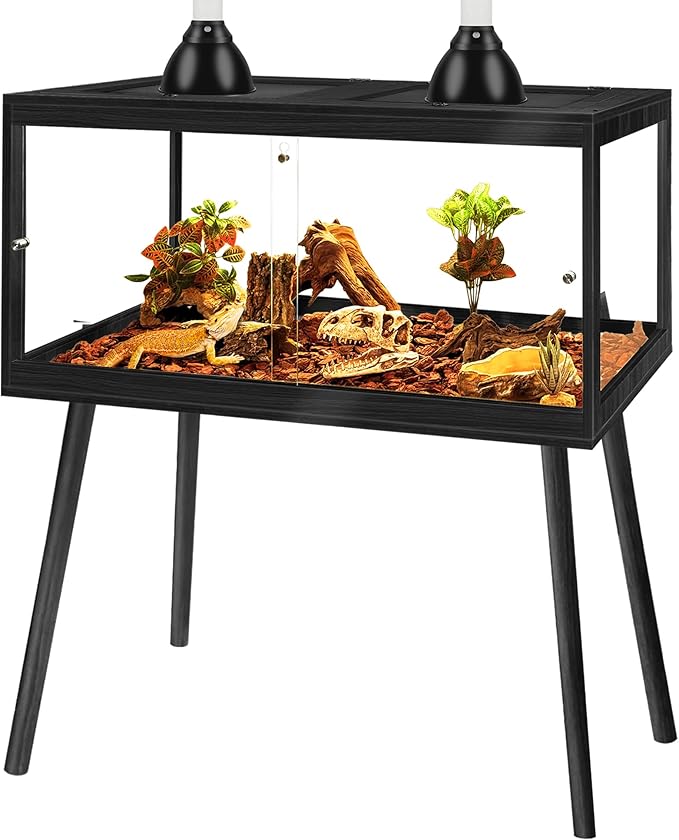 Prolee Bearded Dragon Tank with Leg,Tempered Glass Lizard Tanks and Reptile Enclosure,Up to 78 Gallon Reptile Tank with Metal Mesh and Lockable Door for Spacious Snakes and Chameleon(Black,32inch)