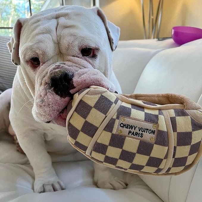 Haute Diggity Dog Checker Chewy Vuiton Handbag, Plush Designer Dog Toys with Interactive Squeaker, Stimulating Pet Enrichment, Machine-Washable & Safe Materials for All Breeds, Size Large