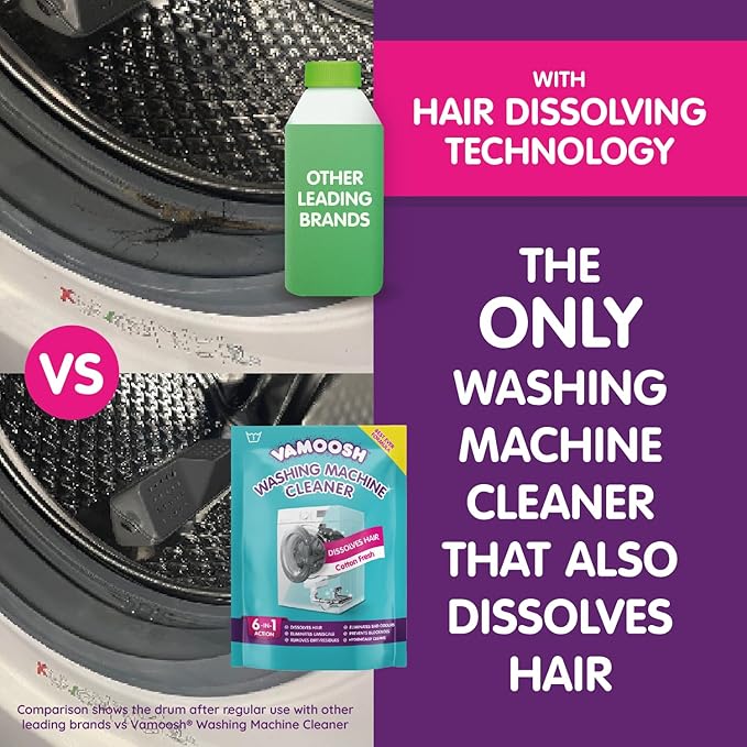 Vamoosh 6-in-1 Washing Machine Cleaner | Dissolves Pet Hair | Leaves No Residue | Removes Limescale | Eliminates Odor | Descales | Cotton Fresh Scent | For Front Load | 150g (Pack of 2)